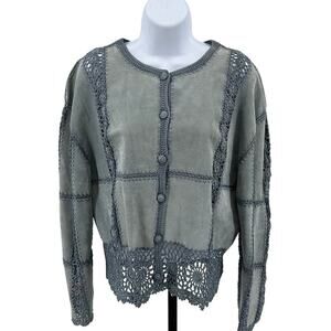 IDI By Mathew Jacket Teal Womens L Leather Crochet Trim Button Down Western VTG